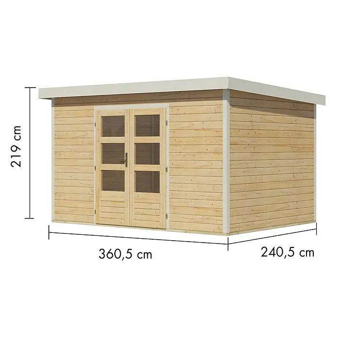 Karibu Gartenhaus Pluto 7 A - Außenmaß inkl. Dachüberstand (B x T): 390 x 273 cm, Holz, Naturbelassen/Weiß - Gartenhaus aus hellem Holz mit doppelten Glastüren, Flachdach und Maßen: 219 cm H, 360,5 cm B, 240,5 cm T.