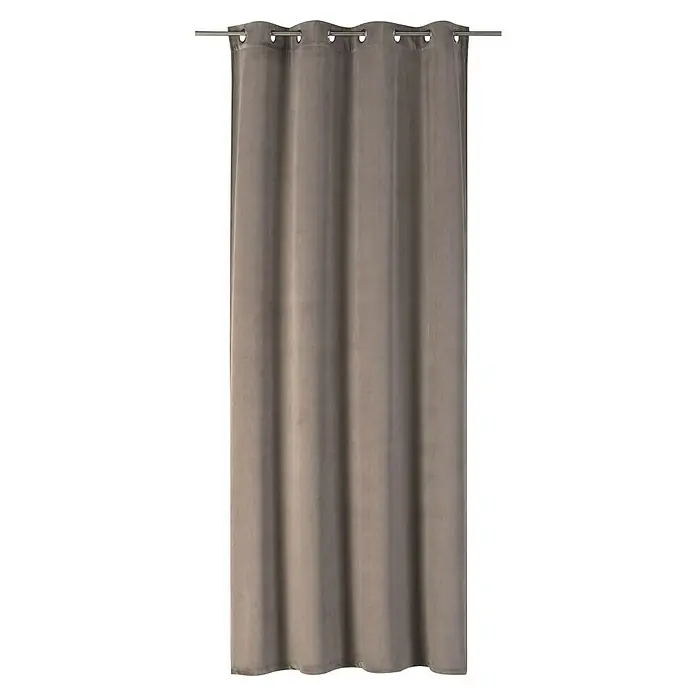 Elbersdrucke Ösenschal Odeon - B x H: 140 x 255 cm, 100 % Polyester, Braun - Nahaufnahme eines einzelnen grauen Vorhangs, der an einer silbernen Stange hängt und das schlichte, elegante Design des Vorhangs hervorhebt.