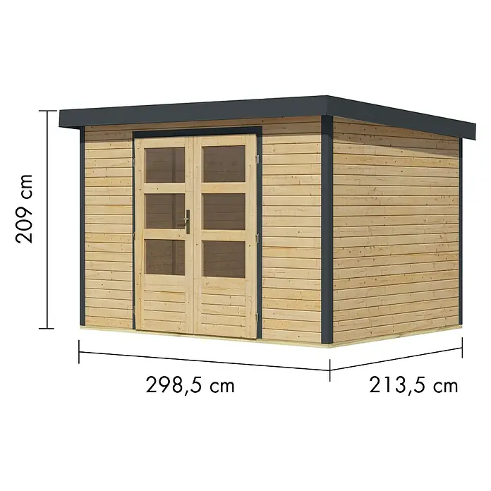 Karibu Gartenhaus Jupiter 4 A - Außenmaß inkl. Dachüberstand (B x T): 322 x 236,5 cm, Holz, Naturbelassen/Anthrazit - Holz-Gartenhaus mit Doppeltür, Glaspaneelen, dunkelgrauem Dach und Zierleisten. Maße: 298,5x213,5x209 cm.