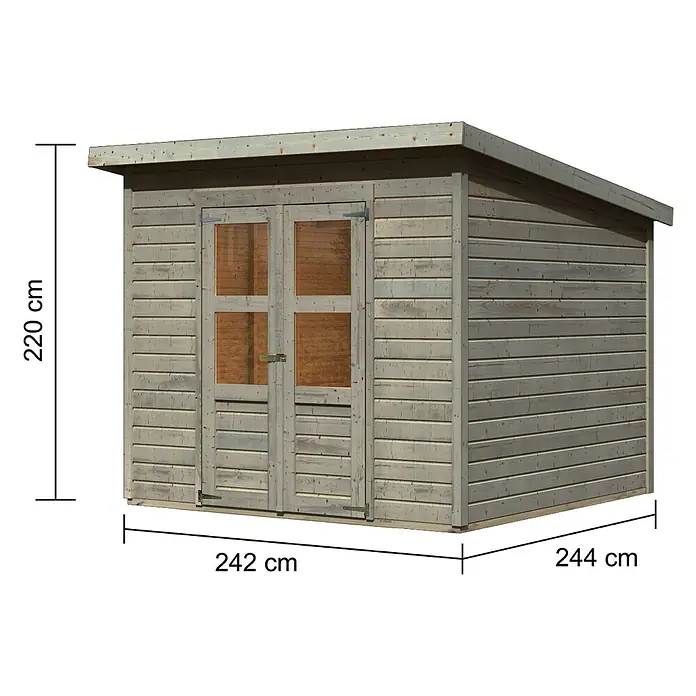 Karibu Gartenhaus Merseburg 6 - Außenmaß inkl. Dachüberstand (B x T): 265 x 265 cm, Holz, Vorvergraut, Ohne Seitendach - Helles Holzgartenhaus mit Doppeltüren mit Fenstern und Pultdach, 242x244x220 cm.