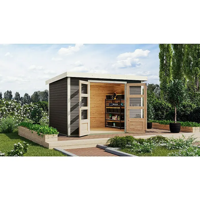 Karibu Gartenhaus Jupiter 4 B - Außenmaß inkl. Dachüberstand (B x T): 322 x 236,5 cm, Holz, Terragrau/Weiß - Das Bild zeigt ein modernes Gartenhaus mit Doppeltüren, das zur Aufbewahrung von Gartengeräten und Werkzeugen dient.