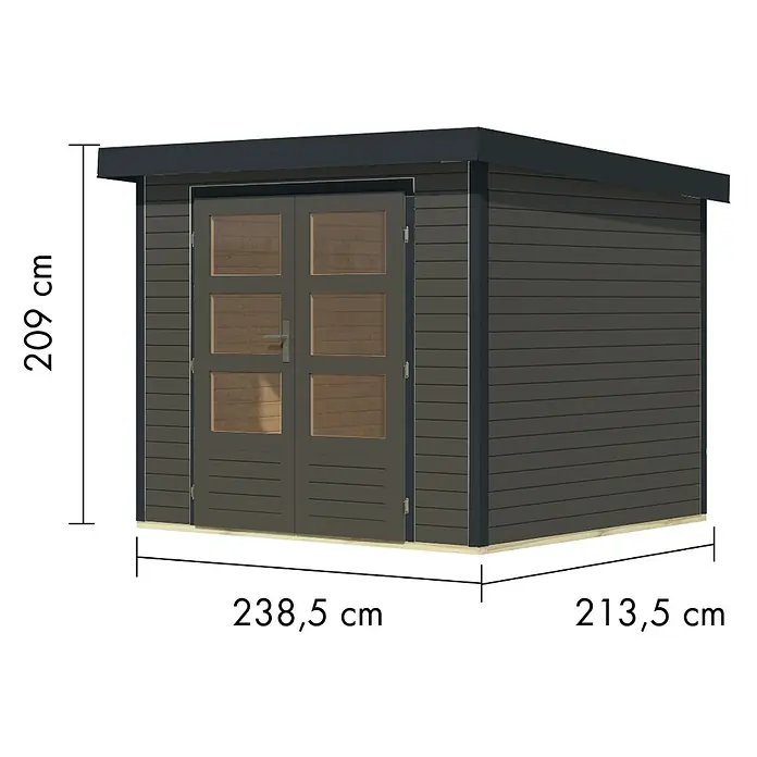 Karibu Gartenhaus Jupiter 3 B - Außenmaß inkl. Dachüberstand (B x T): 266 x 236,5 cm, Holz, Terragrau/Anthrazit - Dunkelgraues Gartenhaus mit Doppeltüren, Maße: 238,5 cm breit, 213,5 cm tief, 209 cm hoch.