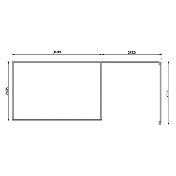 Karibu Gartenhaus Pluto 7 B - Außenmaß inkl. Dachüberstand (B x T): 390 x 273 cm, Holz, Terragrau/Grau - L-förmiger Grundriss mit Längen 3600 und 2380, sowie Höhen 2405 und 2565.