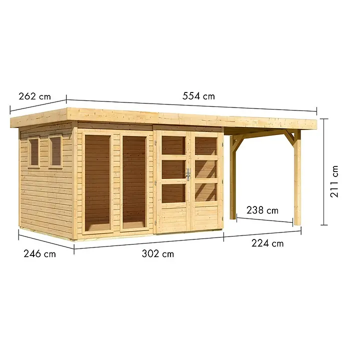 Karibu Gartenhaus Lahar 5 - Außenmaß inkl. Dachüberstand (B x T): 554 x 262 cm, Holz, Naturbelassen, Mit Seitendach - Naturholz-Gartenschuppen mit integriertem Carport, Türen und Fenstern.