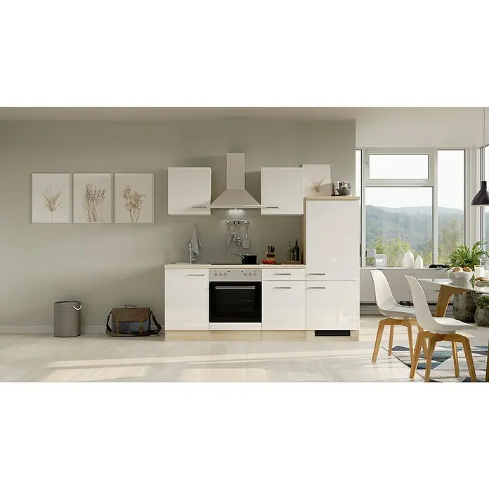Flex-Well Valero Küchenzeile Typ 1 - Breite: 220 cm, Höhe: 200 cm, Weiß, Mit Elektrogeräten - Eine moderne Küche mit weißen Schränken, einer Dunstabzugshaube aus Edelstahl und hellen Holzböden. Der Küchenbereich ist hell und einladend.