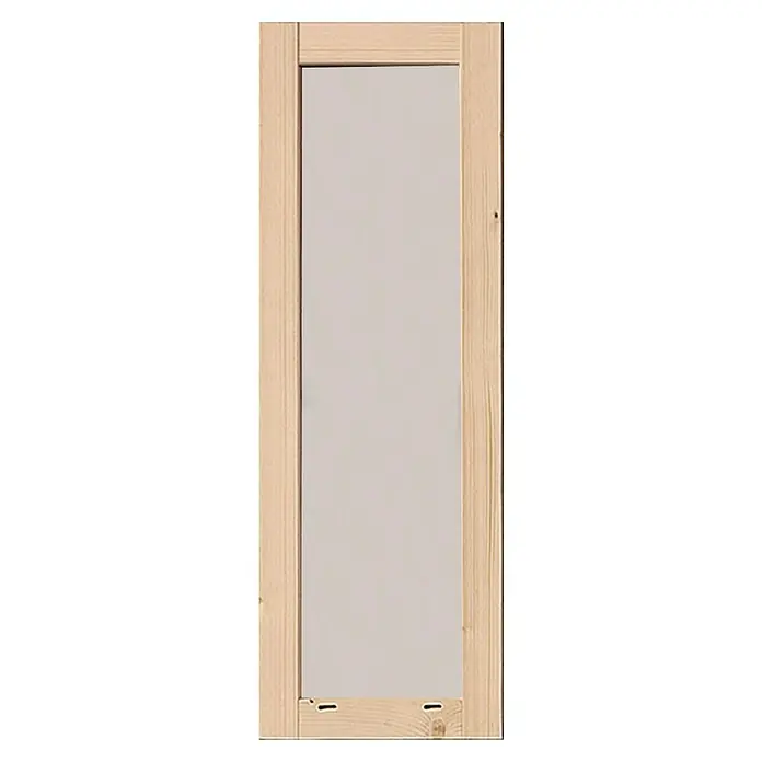 Karibu Gartenhaus-Fenster - Naturbelassen - Ein schmaler Spiegel mit einem hellen Holzrahmen ist abgebildet, der eine einfache und natürliche Ästhetik bietet. Ideal für minimalistische Räume.