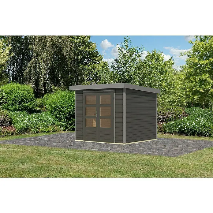Karibu Gartenhaus Jupiter 3 B - Außenmaß inkl. Dachüberstand (B x T): 266 x 236,5 cm, Holz, Terragrau/Grau - Abbildung eines modernen Gartenhauses mit Doppeltür und Flachdach, umgeben von Grün.