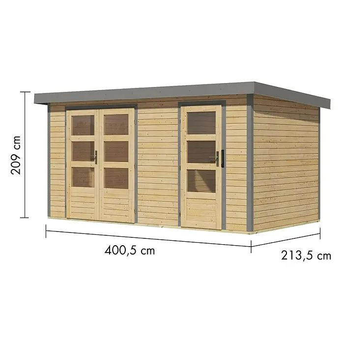 Karibu Gartenhaus Merkur A - Außenmaß inkl. Dachüberstand (B x T): 431,5 x 235 cm, Holz, Naturbelassen/Grau - Heller Holzgartenhaus mit grauem Dach, Doppeltür und Einzeltür. Maße: 400,5x213,5x209 cm.