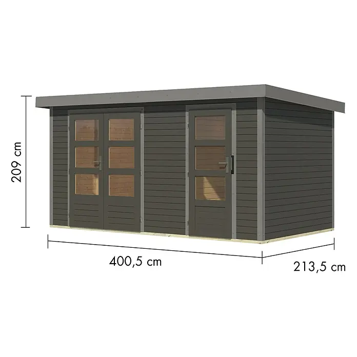 Karibu Gartenhaus Merkur B - Außenmaß inkl. Dachüberstand (B x T): 431,5 x 235 cm, Holz, Terragrau/Grau - Modernes dunkelgraues Gartenhaus aus Holz mit Flachdach, Doppel- und Einzeltür mit Glas. 400,5x213,5x209 cm.