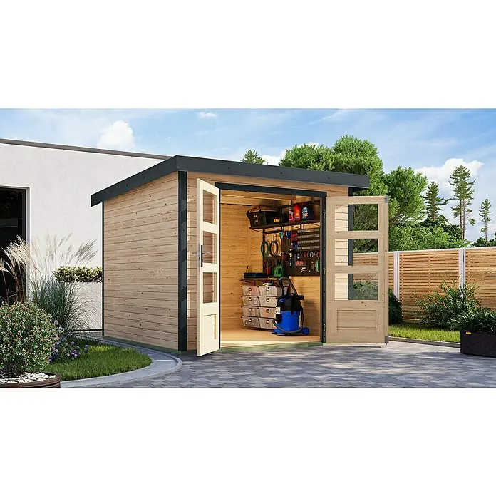 Karibu Gartenhaus Jupiter 3,5 A - Außenmaß inkl. Dachüberstand (B x T): 266 x 266,5 cm, Holz, Naturbelassen/Antrahzit - Ein modernes Holzgartenhaus mit offen stehenden Doppeltüren, die Einblick auf Regale und Werkzeuge im Inneren geben.
