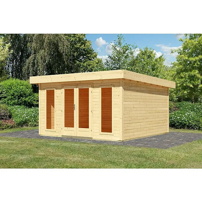Karibu Gartenhaus Lotus - Außenmaß inkl. Dachüberstand (B x T): 440 x 442 cm, Holz, Naturbelassen - Modernes Holzgartenhaus mit Flachdach und Glastüren, ideal für Garten oder Terrasse.