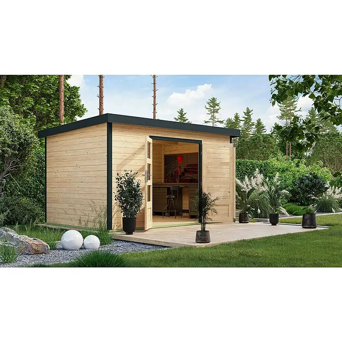 Karibu Gartenhaus Pluto 7 A - Außenmaß inkl. Dachüberstand (B x T): 390 x 273 cm, Holz, Naturbelassen/Anthrazit - Ein modernes Gartenhaus mit offenstehenden Türen und Pflanzen davor. Holzstruktur und dunkles Dach prägen das Design.