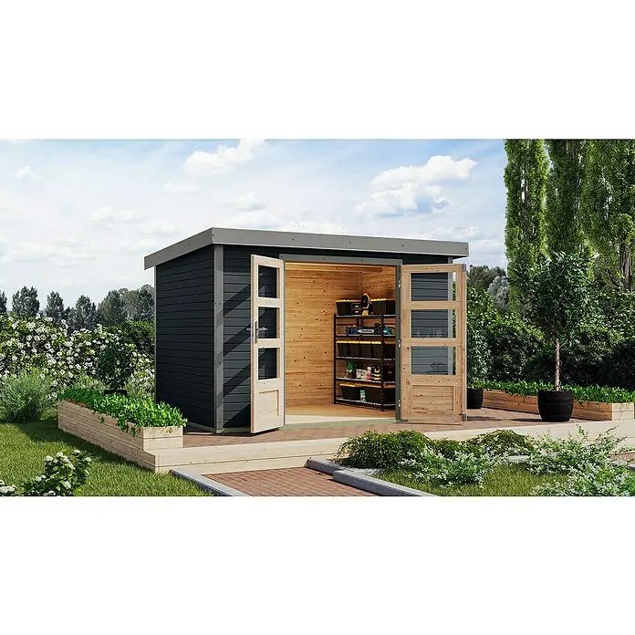 Karibu Gartenhaus Jupiter 4 C - Außenmaß inkl. Dachüberstand (B x T): 322 x 236,5 cm, Holz, Anthrazit/Grau - Ein modernes Gartenhaus mit Doppeltür und Regal im Innenraum. Ideal zur Aufbewahrung von Gartengeräten und Werkzeugen.