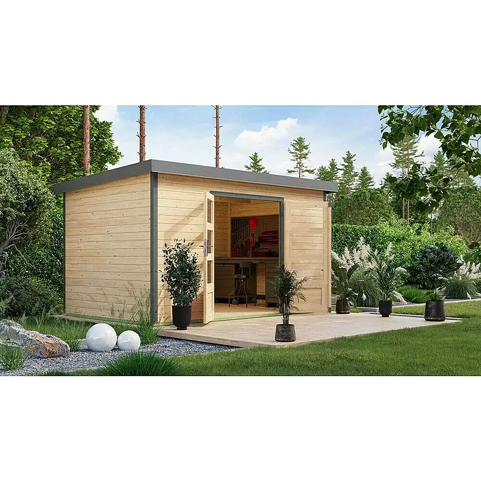 Karibu Gartenhaus Pluto 7 A - Außenmaß inkl. Dachüberstand (B x T): 390 x 273 cm, Holz, Naturbelassen/Grau - Ein modernes Gartenhaus aus hellem Holz mit geöffneten Doppeltüren, umgeben von üppigem Grün, das einen einladenden Außenbereich schafft.