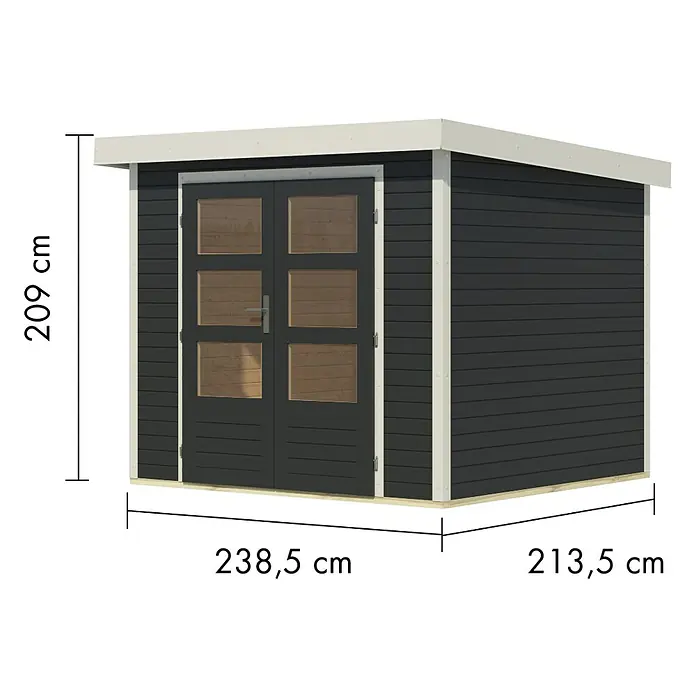Karibu Gartenhaus Jupiter 3 C - Außenmaß inkl. Dachüberstand (B x T): 266 x 236,5 cm, Holz, Anthrazit/Weiß - Dunkelgrauer Geräteschuppen mit hellem Rahmen und Doppeltüren mit rechteckigen Fenstern.