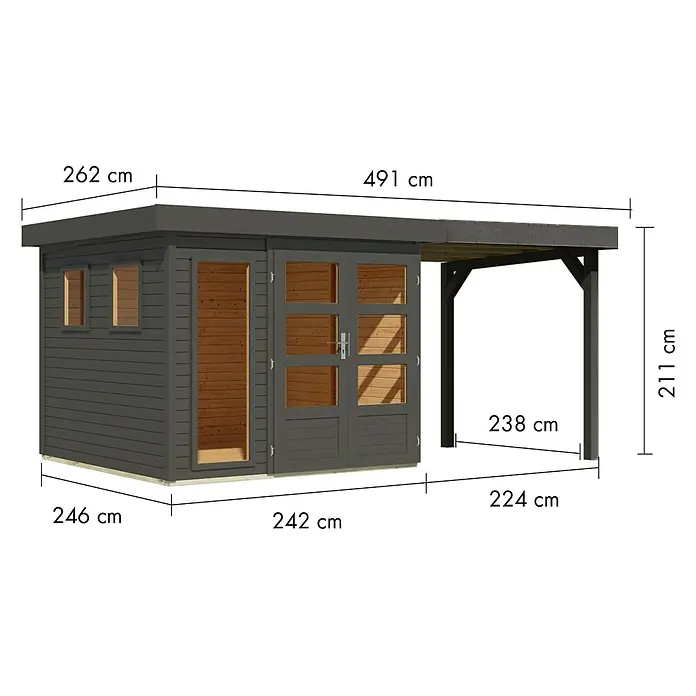 Karibu Gartenhaus Lahar - Außenmaß inkl. Dachüberstand (B x T): 491 x 262 cm, Holz, Terragrau, Mit Seitendach - Dunkelgraues Holzgartenhaus mit angebautem Carport.