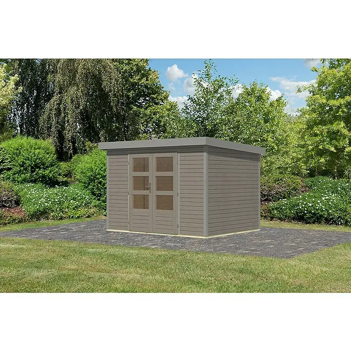 Karibu Gartenhaus Jupiter 4 D - Außenmaß inkl. Dachüberstand (B x T): 322 x 236,5 cm, Holz, Wassergrau - Holzgartenhaus mit Flachdach und Doppeltür mit Fenster, umgeben von Grünfläche, ideal für die Aufbewahrung von Gartengeräten und -möbeln.