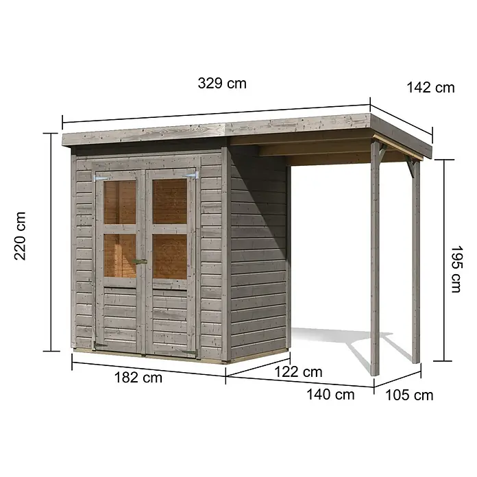 Karibu Gartenhaus Merseburg 2 - Außenmaß inkl. Dachüberstand (B x T): 329 x 142 cm, Holz, Vorvergraut, Mit Seitendach - Grauer Holzgeräteschuppen mit Doppeltüren und angebautem Vordach, Maße beider Strukturen sind angegeben.
