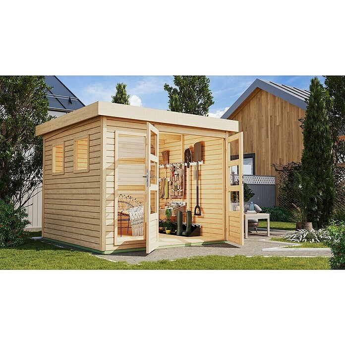 Karibu Gartenhaus Lahar (Außenmaß inkl. Dachüberstand (B x T): 266 x 262 cm, Holz, Naturbelassen, Ohne Seitendach) | BAUHAUS