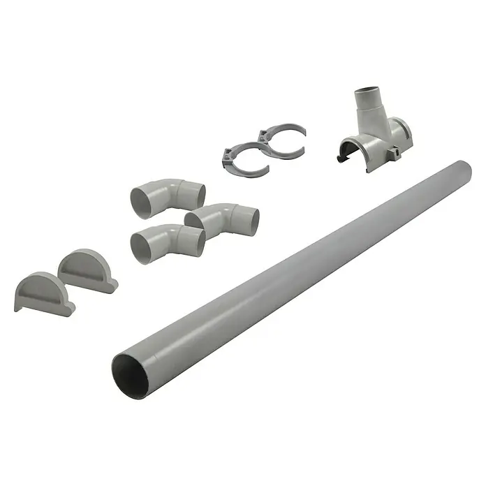Karibu Dachrinnen-Set - Passend für: Karibu Gartenhäuser mit Flach-/Pultdächer bis 265 cm Breite - Hier ist eine Auswahl an PVC-Rohren und -Verbindungsstücken. Das Set enthält Rohre, Bögen, T-Stücke und Befestigungsclips für eine vollständige Installation.