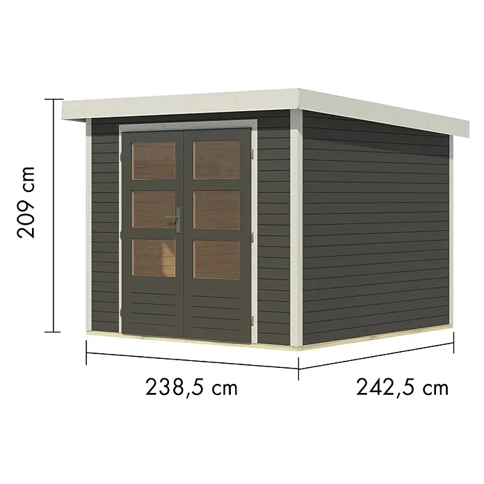 Karibu Gartenhaus Jupiter 3,5 B - Außenmaß inkl. Dachüberstand (B x T): 266 x 266,5 cm, Holz, Terragrau/Weiß - Dunkelgraues Gartenhaus mit Doppeltür und Fenstern, Maße 209x238,5x242,5 cm.