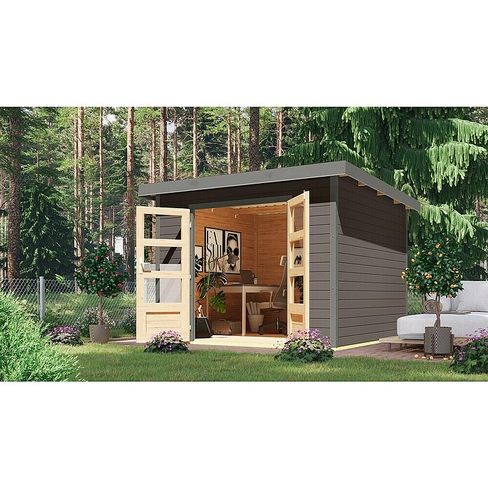 Karibu Gartenhaus Pluto 6 B (Außenmaß inkl. Dachüberstand (B x T): 309 x 292,4 cm, Holz, Terragrau/Grau) | BAUHAUS
