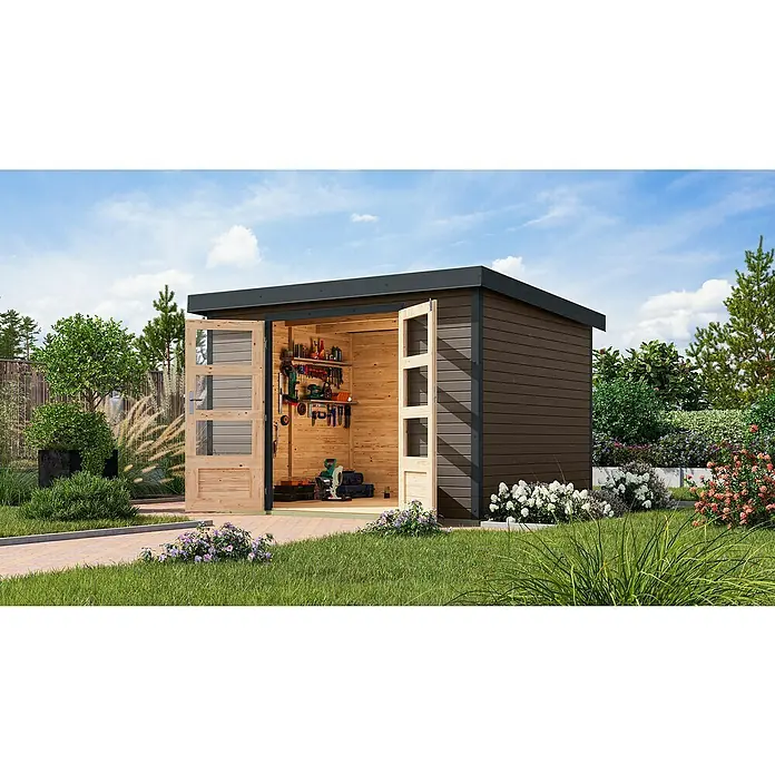 Karibu Gartenhaus Jupiter 5 B - Außenmaß inkl. Dachüberstand (B x T): 320,5 x 266,5 cm, Holz, Terragrau/Anthrazit - Ein modernes Gartenhaus mit brauner Holzverkleidung und offenen Türen, das einen Einblick in den mit Werkzeugen gefüllten Innenraum bietet.