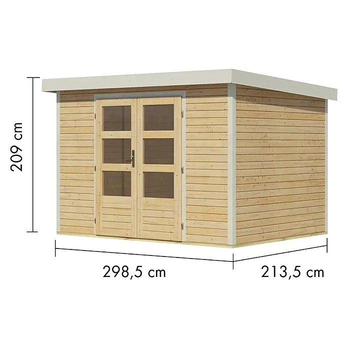 Karibu Gartenhaus Jupiter 4 A - Außenmaß inkl. Dachüberstand (B x T): 322 x 236,5 cm, Holz, Naturbelassen/Weiß - Helles Holzgartenhaus mit Doppeltür, Fenstern und Flachdach. Maße: 298,5x213,5x209 cm.