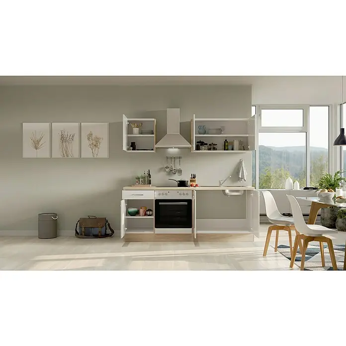 Flex-Well Valero Singleküche - Breite: 210 cm, Weiß, Mit Elektrogeräten - Eine helle Küche mit weißen Schränken, einem Herd und einem Esstisch mit Stühlen in einem modernen Design für kulinarische Erlebnisse.