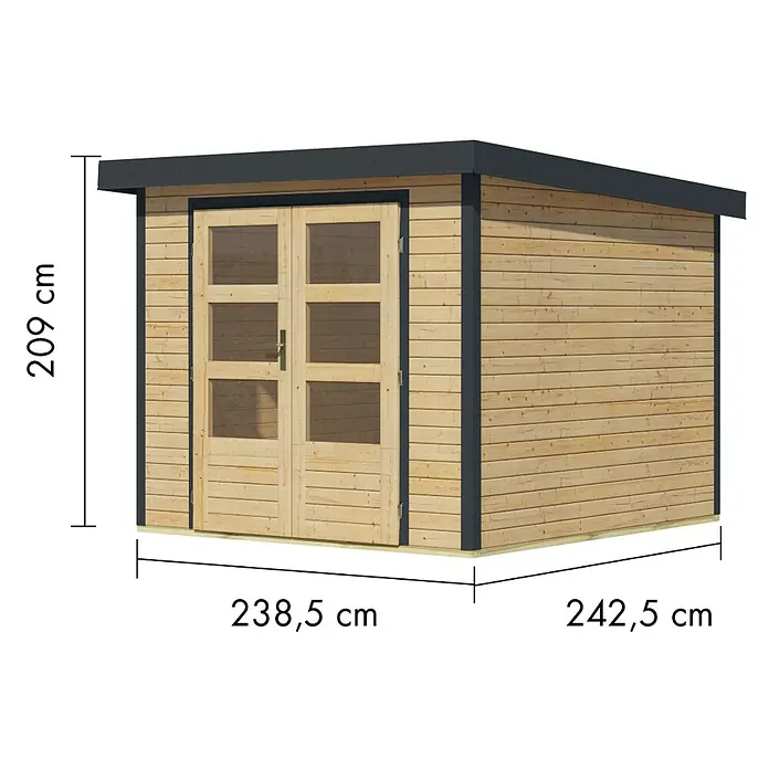 Karibu Gartenhaus Jupiter 3,5 A - Außenmaß inkl. Dachüberstand (B x T): 266 x 266,5 cm, Holz, Naturbelassen/Antrahzit - Holzgartenhaus mit Doppeltür, dunkelgrauem Dach und Zierleisten. Maße: H 209 cm, B 238,5 cm, T 242,5 cm.