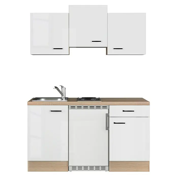 Flex-Well Valero Singleküche - Breite: 150 cm, Weiß, Mit Elektrogeräten - Bild einer kleinen Küche mit weißen Schränken und einer hellen Arbeitsplatte. Ideal für kleine Räume, bietet Stauraum und Funktionalität.