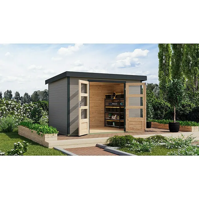 Karibu Gartenhaus Jupiter 4 D - Außenmaß inkl. Dachüberstand (B x T): 322 x 236,5 cm, Holz, Wassergrau/Anthrazit - Ein modernes Gartenhaus mit offenen Holztüren, das Einblicke in ein Regal voller Werkzeuge bietet, umgeben von üppigem Grün.