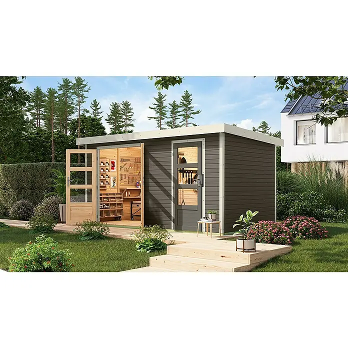 Karibu Gartenhaus Merkur B - Außenmaß inkl. Dachüberstand (B x T): 431,5 x 235 cm, Holz, Terragrau/Weiß - Das moderne Gartenhaus mit Werkstatt bietet viel Stauraum und eine helle Arbeitsfläche durch die Glastüren.