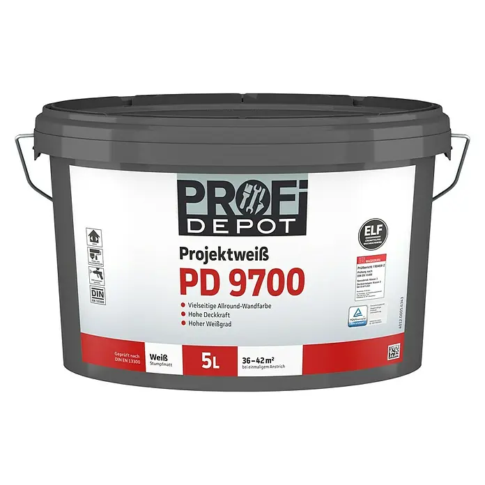 Profi Depot PD Wandfarbe Projektweiß PD 9700 - Weiß, Stumpfmatt, 5 l, Lösemittelfrei - Profi Depot Projektweiß PD 9700: Vielseitige, stumpfmatte Allround-Wandfarbe mit hoher Deckkraft für Innenräume, 5 Liter Eimer.