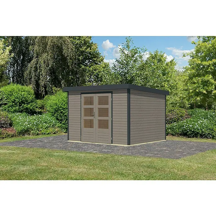 Karibu Gartenhaus Jupiter 5 D - Außenmaß inkl. Dachüberstand (B x T): 320,5 x 266,5 cm, Holz, Wassergrau/Anthrazit - Ein modernes Gartenhaus aus Holz mit grauen Akzenten und Doppeltür, ideal für die Aufbewahrung von Gartengeräten und Möbeln.