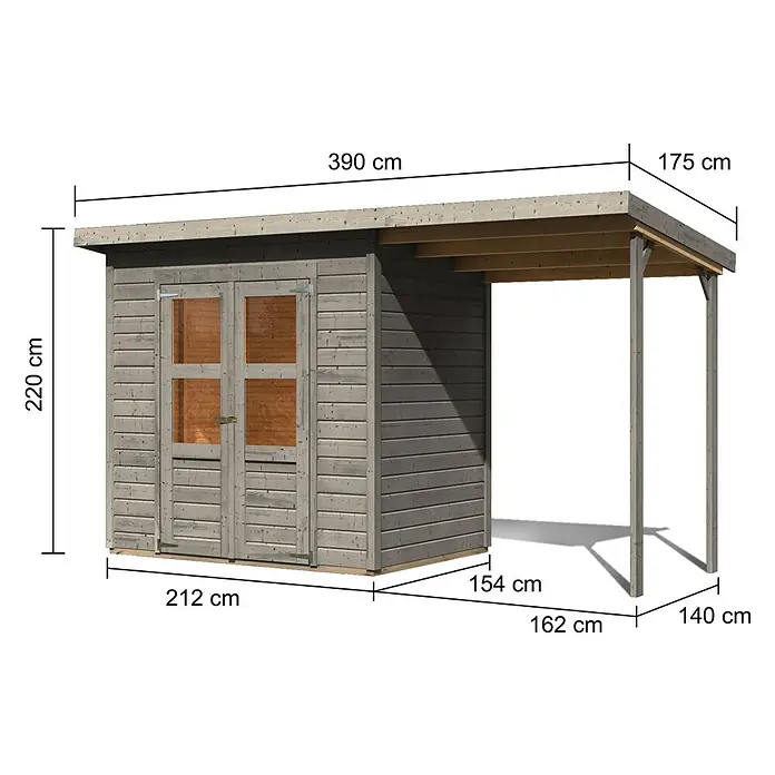 Karibu Gartenhaus Merseburg 3 - Außenmaß inkl. Dachüberstand (B x T): 390 x 175 cm, Holz, Vorvergraut, Mit Seitendach - Graues Holzgartenhaus mit Doppeltüren und angebautem Vordach, bietet Stauraum und geschützten Außenbereich.
