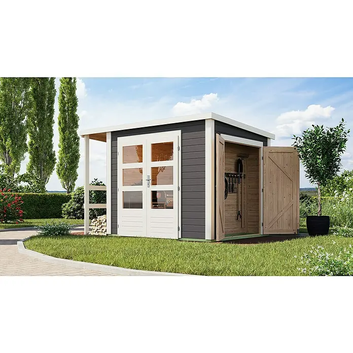 Karibu Gerätehaus Multi - Außenmaß inkl. Dachüberstand (B x T): 319 x 219 cm, Holz, Terragrau - Ein modernes Gartenhaus mit Doppeltüren und seitlichem Anbau bietet viel Stauraum und eine gemütliche Atmosphäre im Garten.