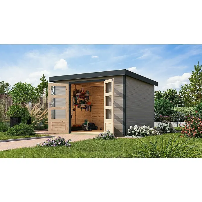 Karibu Gartenhaus Jupiter 5 D - Außenmaß inkl. Dachüberstand (B x T): 320,5 x 266,5 cm, Holz, Wassergrau/Anthrazit - Abbildung eines modernen Gartenhauses mit Doppeltüren, das einen hellen und aufgeräumten Innenraum zeigt. Ideal zur Aufbewahrung von Gartengeräten.