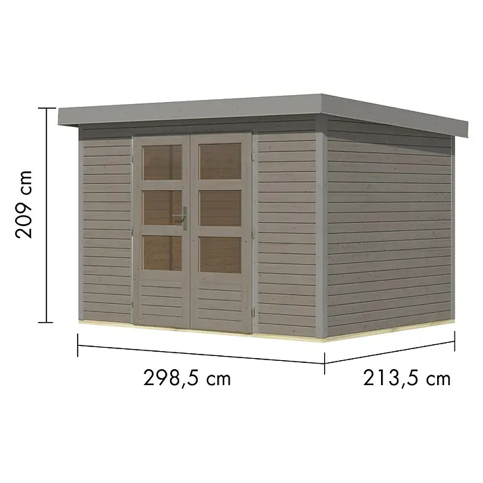 Karibu Gartenhaus Jupiter 4 D - Außenmaß inkl. Dachüberstand (B x T): 322 x 236,5 cm, Holz, Wassergrau - Graubrauner Holzschuppen mit Flachdach und doppelt verglasten Türen. Maße: 209x298,5x213,5 cm.