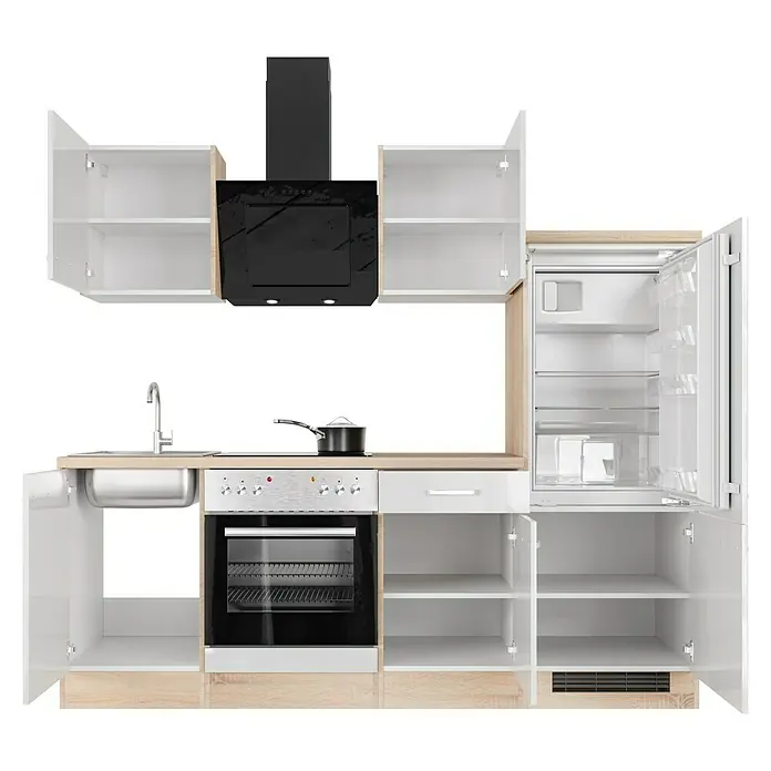 Flex-Well Valero Küchenzeile Typ 3 - Breite: 220 cm, Weiß, Mit Elektrogeräten - Einbauküche mit weißen Schränken, einem schwarzen Herd und einem Kühlschrank mit offener Tür. Moderne Küchenzeile mit viel Stauraum.