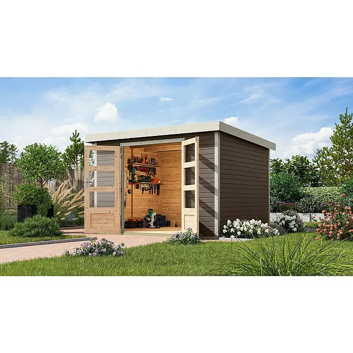 Karibu Gartenhaus Jupiter 5 B - Außenmaß inkl. Dachüberstand (B x T): 320,5 x 266,5 cm, Holz, Terragrau/Weiß - Außenansicht eines modernen Holzschuppens mit Doppeltüren, ideal für die Gartenarbeit und Werkzeuglagerung.