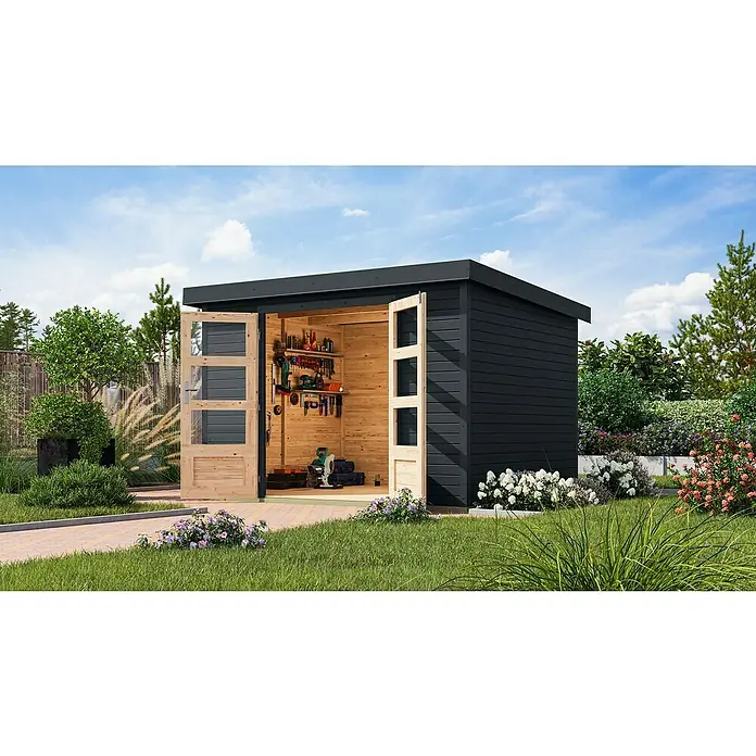 Karibu Gartenhaus Jupiter 5 C - Außenmaß inkl. Dachüberstand (B x T): 320,5 x 266,5 cm, Holz, Anthrazit - Das Bild zeigt ein modernes Gartenhaus mit geöffneten Türen, das einen Einblick in den ordentlichen Innenraum mit Werkzeugen und Regalen bietet.