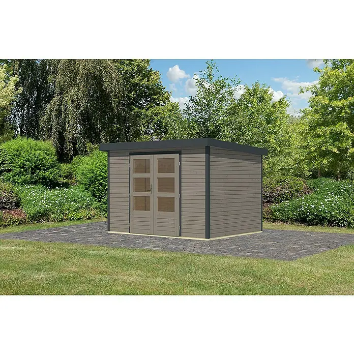 Karibu Gartenhaus Jupiter 4 D - Außenmaß inkl. Dachüberstand (B x T): 322 x 236,5 cm, Holz, Wassergrau/Anthrazit - Gartenschuppen aus Holz mit Doppeltür und grauem Dach, platziert auf einem gepflasterten Bereich in einem Garten.