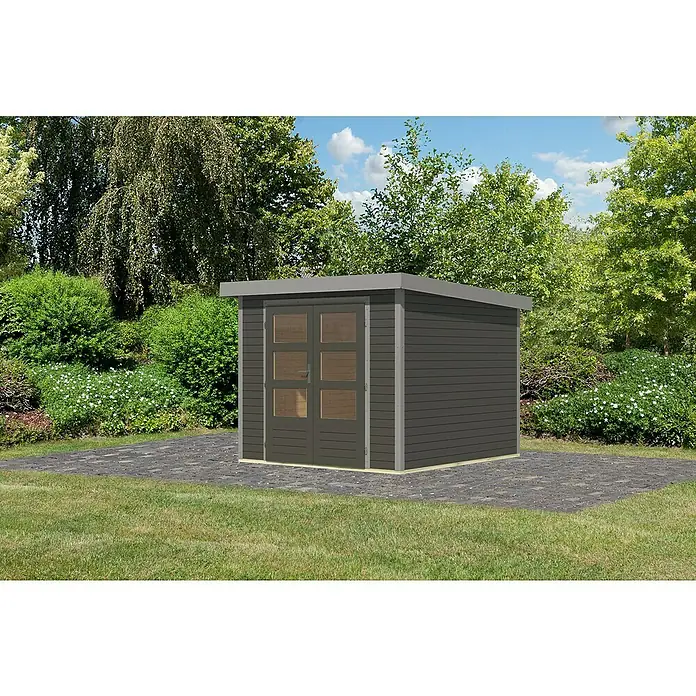 Karibu Gartenhaus Jupiter 3,5 B - Außenmaß inkl. Dachüberstand (B x T): 266 x 266,5 cm, Holz, Terragrau/Grau - Ein modernes Gartenhaus in Grau mit Doppeltür und Flachdach, ideal für die Gartenaufbewahrung. Perfekt integriert in die grüne Umgebung.