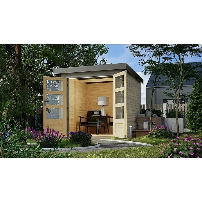 Karibu Gartenhaus Jupiter 2 D - Außenmaß inkl. Dachüberstand (B x T): 228,5 x 235 cm, Holz, Wassergrau/Grau - Ein modernes Gartenhaus mit offenstehenden Glastüren, das eine einladende Atmosphäre schafft. Ideal als Rückzugsort im Grünen.