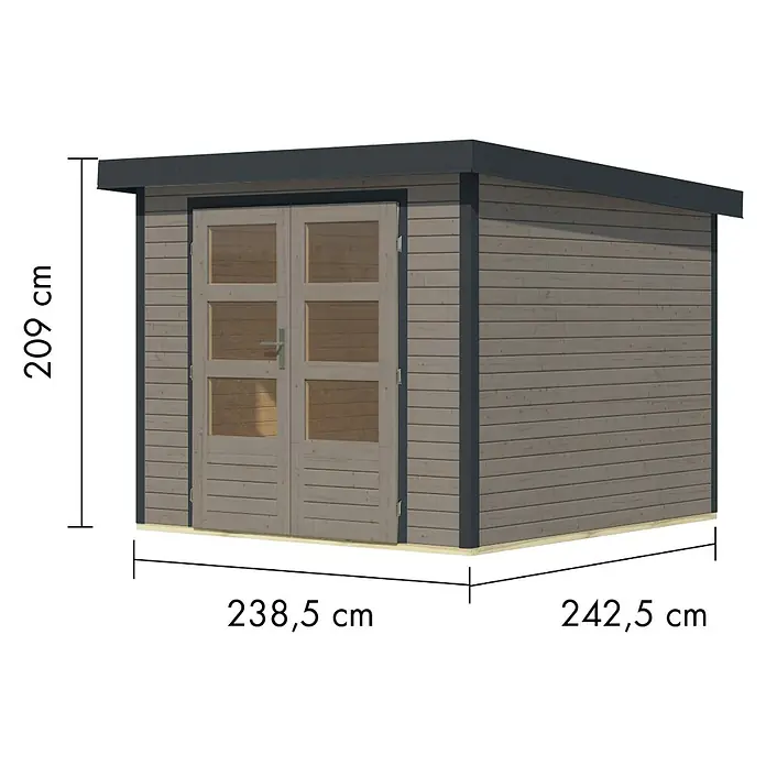 Karibu Gartenhaus Jupiter 3,5 D - Außenmaß inkl. Dachüberstand (B x T): 266 x 266,5 cm, Holz, Wassergrau/Anthrazit - Hellgraues Holz-Gartenhaus mit Doppeltüren und dunklem Dach, Maße angezeigt.