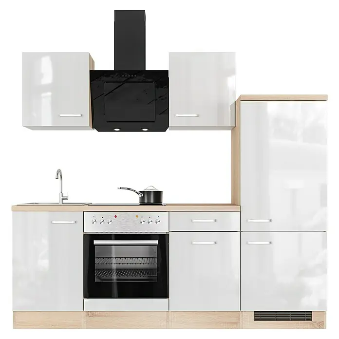 Flex-Well Valero Küchenzeile Typ 3 - Breite: 220 cm, Weiß, Mit Elektrogeräten - Bild einer modernen, weißen Küchenzeile mit Dunstabzugshaube, Herd und Spüle. Das Design ist minimalistisch und funktional gestaltet.