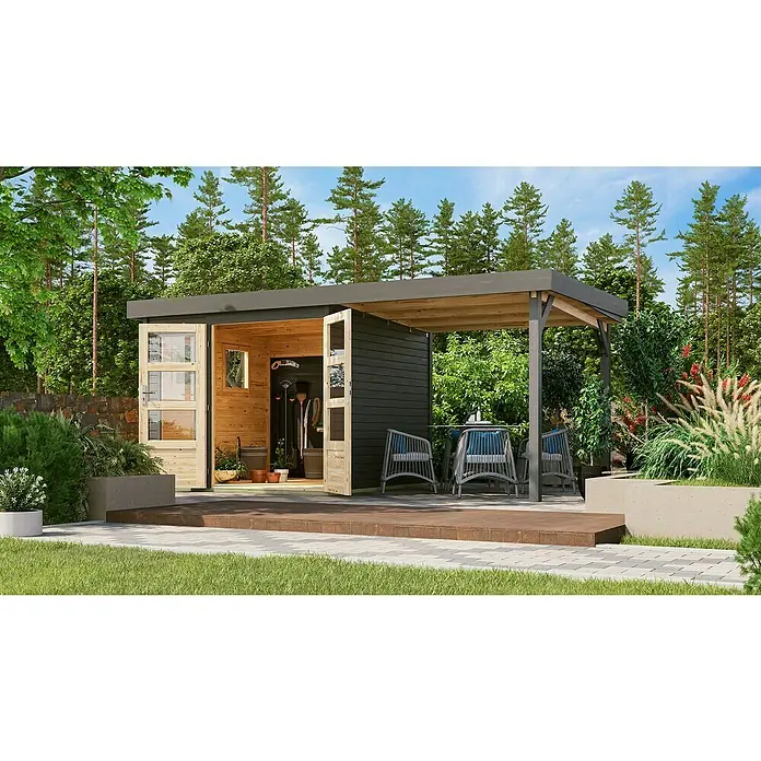Karibu Gartenhaus Lahar - Außenmaß inkl. Dachüberstand (B x T): 491 x 262 cm, Holz, Terragrau, Mit Seitendach - Eine moderne Gartenlaube mit offenem Design, das einen Einblick in einen einladenden Innenraum und einen angrenzenden Sitzbereich bietet.