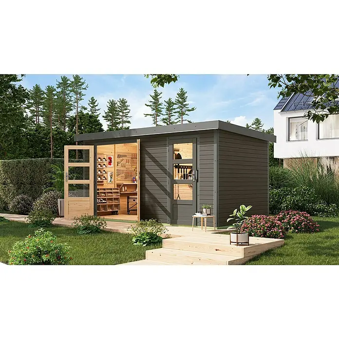 Karibu Gartenhaus Merkur B - Außenmaß inkl. Dachüberstand (B x T): 431,5 x 235 cm, Holz, Terragrau/Grau - Moderne Gartenlaube aus Holz mit Werkzeugwand im Innenraum und einladender Terrasse im Garten.