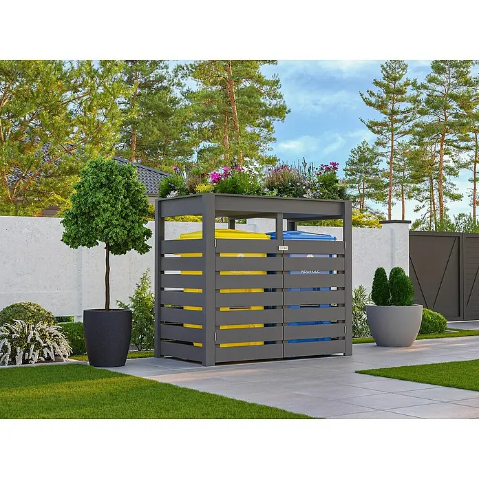 Karibu Mülltonnenverkleidung 2er - Holz, Terragrau - Stilvoller Mülltonnenbox zur Aufbewahrung von Mülltonnen mit Bepflanzung auf dem Dach, ideal für den Garten und zur Verschönerung des Aussenbereichs.